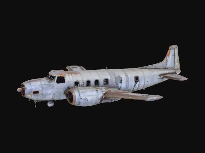 3D model for Um avião abandonado, com sua estrutura metálica visivelmente corroída por uma ferrugem espessa e escamosa que domina a superfície. A pintura original, um tom de cinza desbotado, está lascada e descascada, revelando o metal oxidado por baixo. As asas estão ligeiramente inclinadas e amassadas, e o para-brisa da cabine, se presente, estaria quebrado ou coberto por sujeira e rachaduras. A textura geral é áspera e irregular, com bordas desgastadas e superfícies cheias de pites.