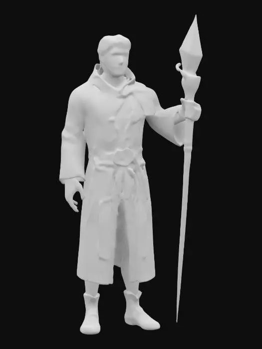3D model for a wise human mage with a lean and tall frame. Wearing a midnight blue robe adorned with silver arcane symbols. He also wears a belt with numerous pouches for magical components, and a staff topped with a glowing crystal is always by his side. Thalion's attire is completed with sturdy leather boots. T-pose