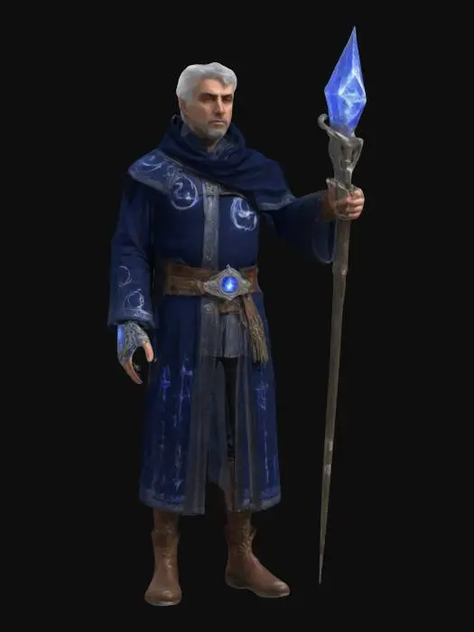 3D model for a wise human mage with a lean and tall frame. Wearing a midnight blue robe adorned with silver arcane symbols. He also wears a belt with numerous pouches for magical components, and a staff topped with a glowing crystal is always by his side. Thalion's attire is completed with sturdy leather boots. T-pose