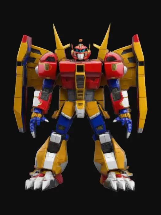 3D model for highly detailed and dynamic image of the Mighty Morphin Power Rangers' Megazord. standing in T pose, fully assembled from the five Dinozords: the Tyrannosaurus, Mastodon, Pterodactyl, Triceratops, and Sabretooth Tiger. The Megazord's appearance should be highly recognizable, with vibrant colors and intricate mechanical details. Highlight the distinct sections formed by each Dinozord. High quality, HDR, Masterpiece, Acurate