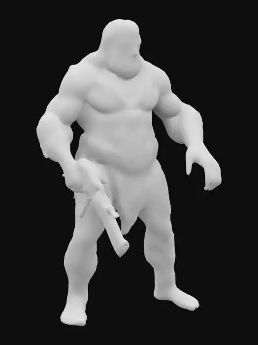 3D model for Neanderthal man dressed in animal skins wielding a futuristic gun. Standing in A pose. High defined textures, Clean geometries, Clean design, Ensure the highest quality, Fantasy, Sci-fi, HDR. #ChronoForgeWeapon#
