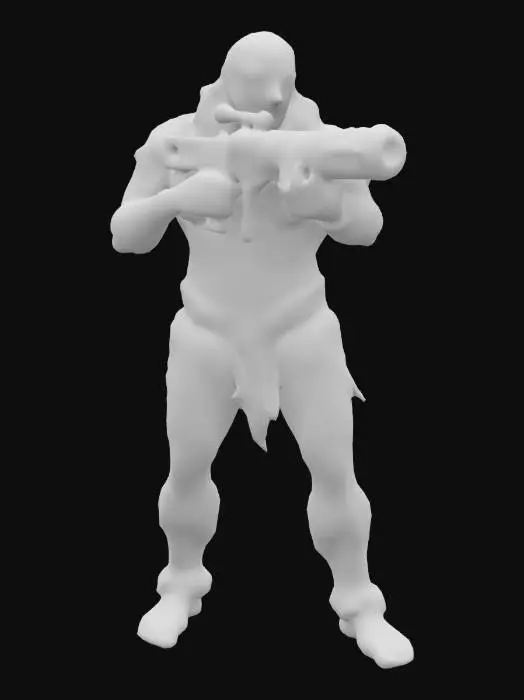 3D model for Neanderthal man dressed in animal skins wielding a futuristic gun. Standing in A pose. High defined textures, Clean geometries, Clean design, Ensure the highest quality, Fantasy, Sci-fi, HDR. #ChronoForgeWeapon#