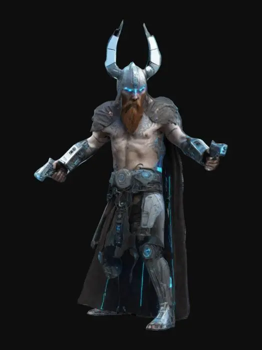 3D model for Imagine a viking wielding dual cybernetic pistols with visible electronic components and electronic wires and LED lights. Standing in T pose. Sci-fi Fantasy. High defined textures, Clean geometries, Clean design, Ensure the highest quality, Fantasy, Sci-fi, HDR. #ChronoForgeWeapon#