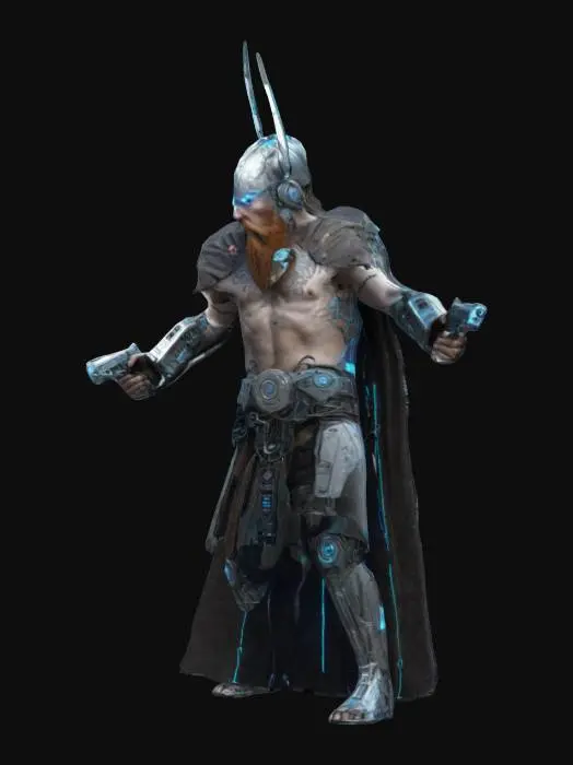 3D model for Imagine a viking wielding dual cybernetic pistols with visible electronic components and electronic wires and LED lights. Standing in T pose. Sci-fi Fantasy. High defined textures, Clean geometries, Clean design, Ensure the highest quality, Fantasy, Sci-fi, HDR. #ChronoForgeWeapon#