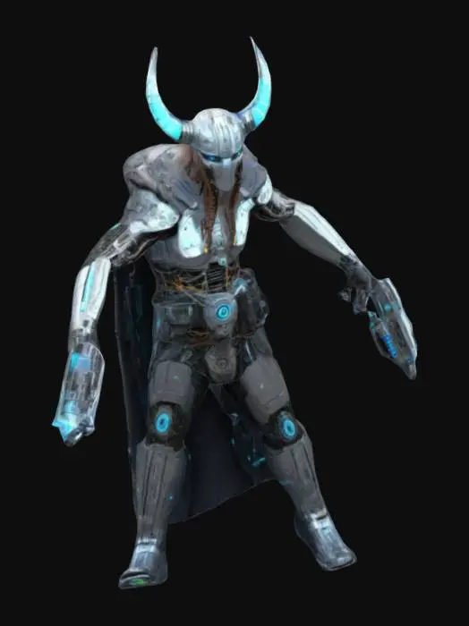 3D model for Imagine a viking wielding dual cybernetic pistols with visible electronic components and electronic wires and LED lights. Standing in T pose. Sci-fi Fantasy. High defined textures, Clean geometries, Clean design, Ensure the highest quality, Fantasy, Sci-fi, HDR. #ChronoForgeWeapon#