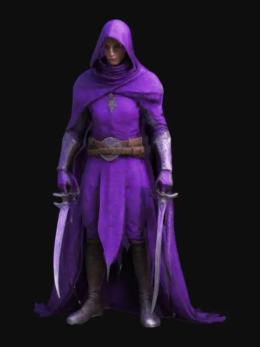 3D model for Medieval Assassin wielding daggers imbued in purple poison. Sharp geometry, Sharp texture, Clean geometry, Defined texture, well lit, well defined face texture, well positioned eyes, High quality, Perfect anatomy, HDR.