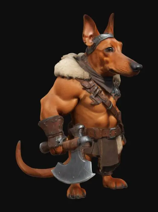 3D model for Imagine an anthropomorphic strong Dashound. It is a Barbarian Ranger. Cartoon character. Barbarian outfit and weapon. Clean texture, Sharp and clean geometry, Well defined texture, HDR, Fantasy.