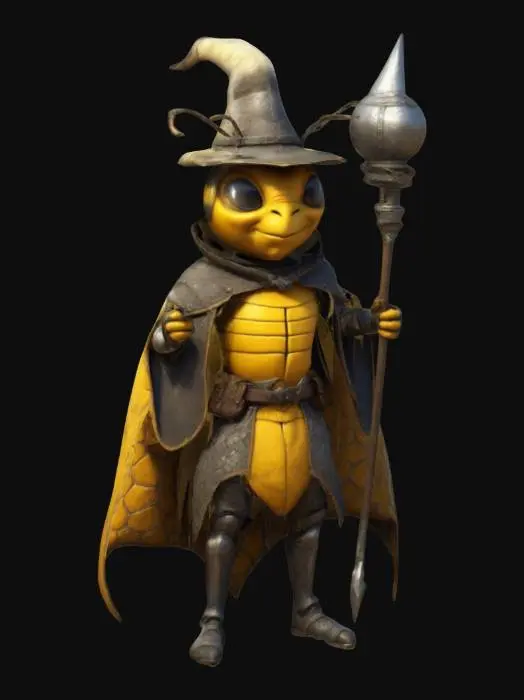 3D model for Imagine an anthropomorphic Bee. It is a Medieval Sorcerer. Cartoon character. Medieval Sorcerer outfit and weapon. Clean texture, Sharp and clean geometry, Well defined texture, HDR, Fantasy.