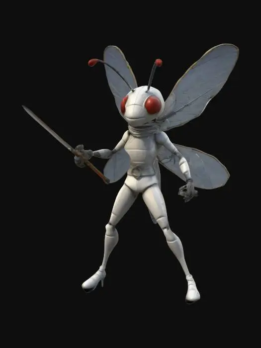 3D model for Imagine an anthropomorphic mosquito. It is a fencing fighter. Cartoon character. Fencing fighter outfit and weapon. Clean texture, Sharp and clean geometry, Well defined texture, HDR, Fantasy.