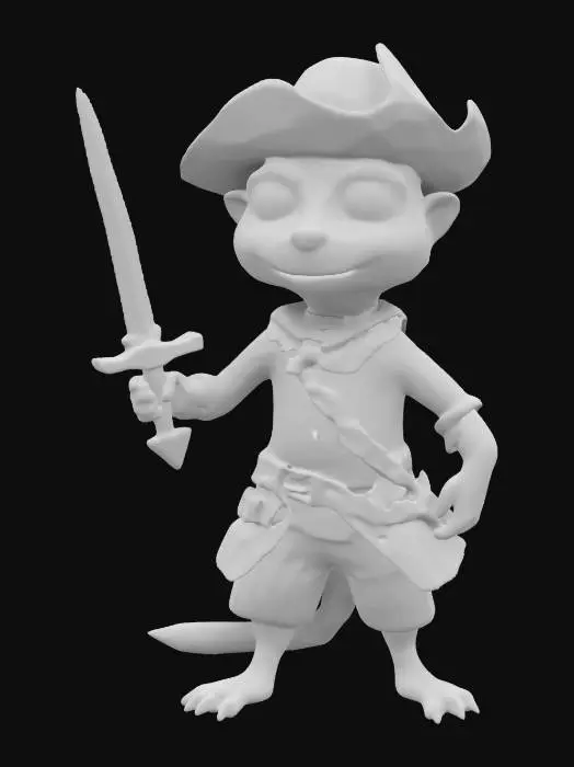 3D model for Imagine an anthropomorphic meerkat. It is a fencing fighter. Cartoon character. Pirate outfit and weapon. Clean texture, Sharp and clean geometry, Well defined texture, HDR, Fantasy.