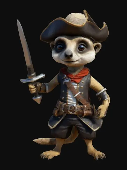 3D model for Imagine an anthropomorphic meerkat. It is a fencing fighter. Cartoon character. Pirate outfit and weapon. Clean texture, Sharp and clean geometry, Well defined texture, HDR, Fantasy.