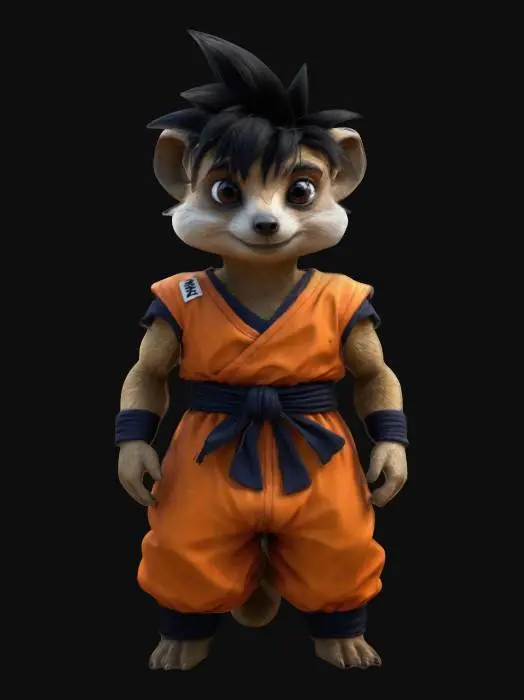 3D model for Imagine an anthropomorphic meerkat. It is a saiyan. Cartoon character. Goku outfit. Clean texture, Sharp and clean geometry, Well defined texture, HDR, Fantasy.