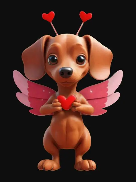 3D model for Anthropomorphic cupid Dachshund, Cartoon character, #valentine#. The scene should evoke the celebration of love. Clean texture, Sharp and clean geometry, Well defined texture.