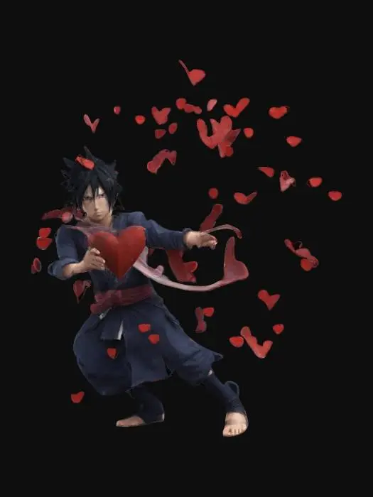3D model for Sasuke Uchiha throwing red heart-shaped shurikens. Clean texture, Well defined texture, Defined face, Red heart-shaped kamehameha, Ensure high quality texture, #valentine#