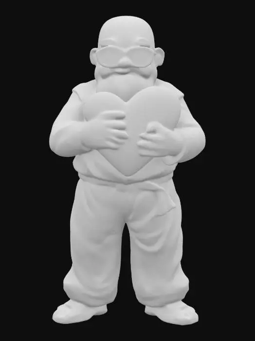 3D model for Master Roshi from dragon ball holding a large plush heart. Clean geometry, Sharp geometry, Clean texture, Well defined texture, Defined face, Red heart-shaped kamehameha, Ensure high quality texture, #valentine#