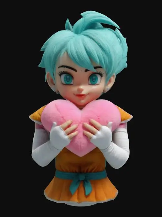 3D model for Bulma from Dragon Ball holding a fluffy plush heart. Clean geometry, Sharp geometry, Clean texture, Well defined texture, Defined face, Ensure high quality texture, #valentine#
