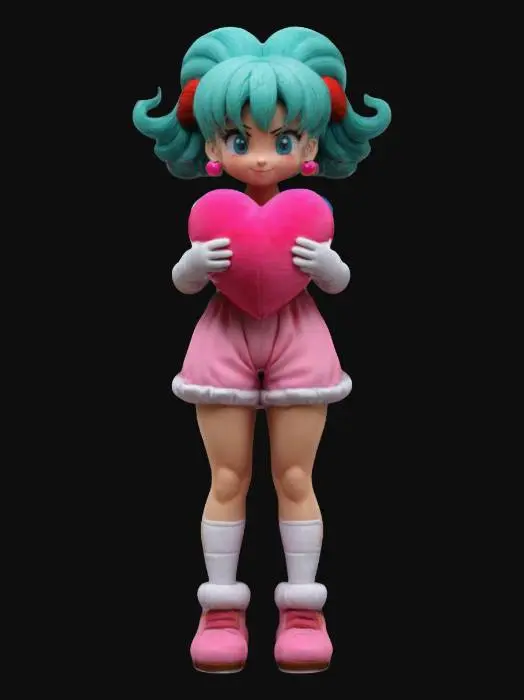 3D model for Bulma from Dragon Ball holding a fluffy plush heart. Clean geometry, Sharp geometry, Clean texture, Well defined texture, Defined face, Ensure high quality texture, #valentine#