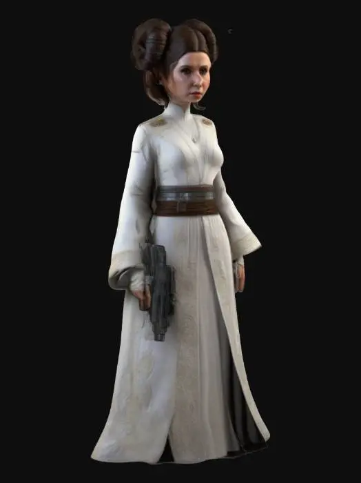 3D model for A highly detailed 3D model of Princess Leia Organa from Star Wars, featuring her iconic double-bun hairstyle, white senatorial robe with intricate embroidery, and a determined facial expression. Include subtle battle-worn details on her clothing and a blaster pistol holstered at her side. Pose her in a confident stance.high-resolution textures for realistic skin, fabric and metallic accents. Style: sci-fi realism with clean lines and dynamic lighting to emphasize her leadership aura. #women#