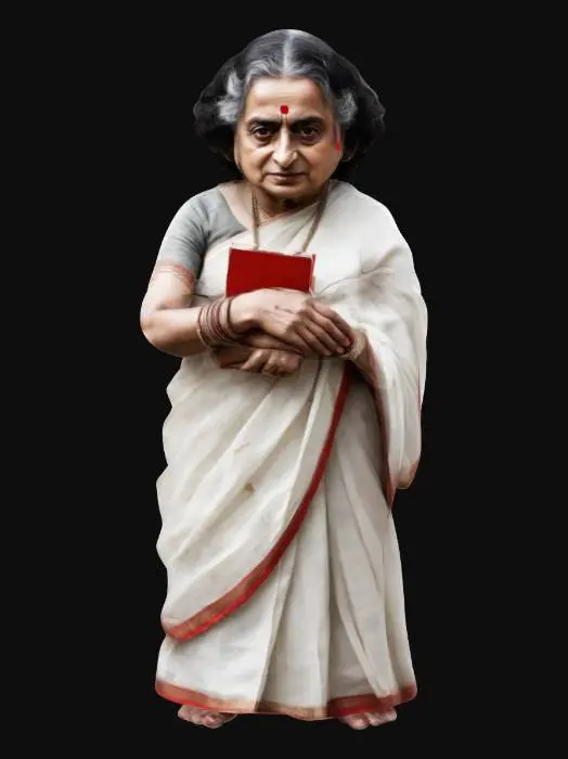 3D model for Depict Indira Gandhi, former Prime Minister of India as a resolute leader and symbol of political fortitude. Highlight her iconic white sari with a red border and bindi symbolizing her cultural roots and authority. Capture her commanding presence with a stern yet compassionate expression reflecting her role in major historical events in India. Include subtle details like a folded parchment. Pose her exuding determination. Realistic portraiture with warm earthy tones, soft lighting. #women#