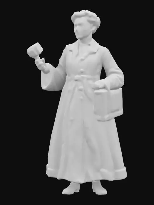 3D model for Generate a highly detailed 3D model of Marie Curie in her laboratory, prioritizing optimized topology and PBR materials for realism. Create her dark woolen dress with a high lace collar,weathered leather-bound notebooks and glowing radium vials. Include Nobel Prize medals with metallic roughness maps for authenticity.Pose her mid-experiment holding a Geiger counter over a low-poly laboratory bench with subsurface scattering on skin for lifelike rendering. #women#
