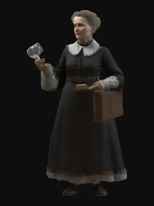 3D model for Generate a highly detailed 3D model of Marie Curie in her laboratory, prioritizing optimized topology and PBR materials for realism. Create her dark woolen dress with a high lace collar,weathered leather-bound notebooks and glowing radium vials. Include Nobel Prize medals with metallic roughness maps for authenticity.Pose her mid-experiment holding a Geiger counter over a low-poly laboratory bench with subsurface scattering on skin for lifelike rendering. #women#
