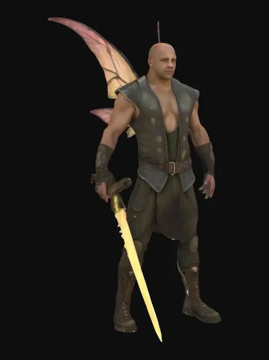 3D model for Vin Diesel as a real life #fairy#. He is ready for a war, wearing combat equipments. Movie. HDR. Fantasy. Ethereal. Comedy. Clean texture. Clean geometry. Hard surface.