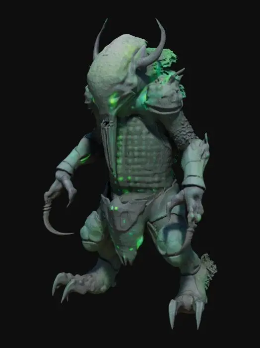 3D model for a futuristic swamp monster boss with tough scales, bioluminescence, multiple eyes, tentacles, and cybernetic enhancements such as robotic limbs and energy weapons. Game assets. defined texture.