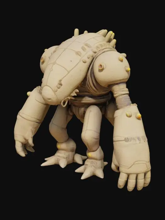 3D model for a colossal desert monster boss with a thick, sand-colored exoskeleton, multiple legs for stability, and cybernetic enhancements such as energy cannons and a force field generator.