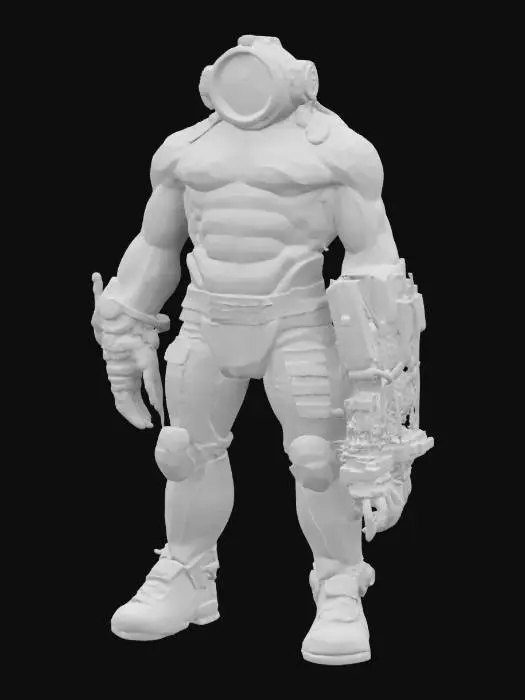 3D model for a towering, giant Cyclops with a muscular, weathered body and a single, large eye in the center of its forehead. The Cyclops should have a menacing presence, with scars and rough skin showing signs of age and battle. Integrated into its organic form are advanced mechanical parts: a robotic arm with visible gears, pistons, and reinforced plating; a sturdy mechanical leg that enhances its strength and stability; and a cybernetic eye that glows with a red light, replacing its natural eye.