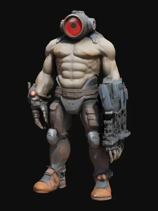 3D model for a towering, giant Cyclops with a muscular, weathered body and a single, large eye in the center of its forehead. The Cyclops should have a menacing presence, with scars and rough skin showing signs of age and battle. Integrated into its organic form are advanced mechanical parts: a robotic arm with visible gears, pistons, and reinforced plating; a sturdy mechanical leg that enhances its strength and stability; and a cybernetic eye that glows with a red light, replacing its natural eye.