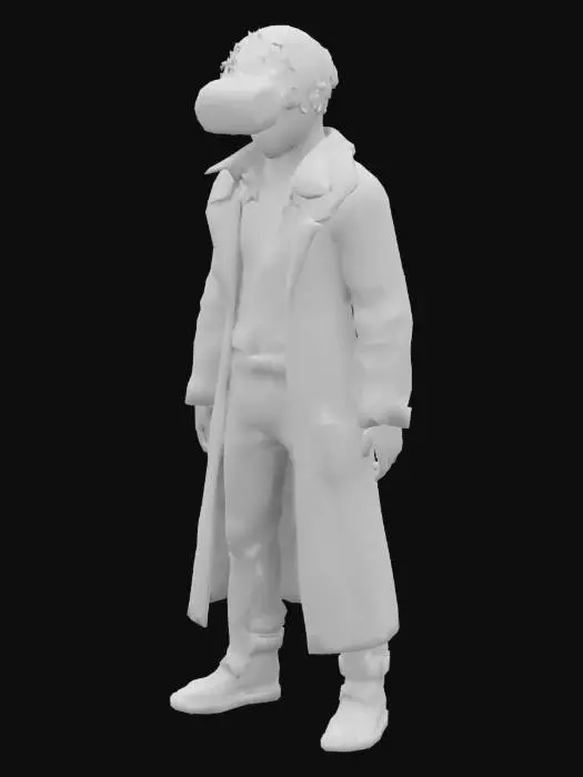 3D model for mad scientist with a gaunt, pale complexion and wild, unkempt hair. His eyes are intense, reflecting a mix of genius and insanity. He wears a futuristic VR headset adorned with glowing LED lights in vibrant colors like neon blue and red, with wires and circuits visible. His clothing is tattered and mismatched, consisting of a torn lab coat with frayed edges, ripped pants, and a stained shirt, hinting at his chaotic lifestyle.