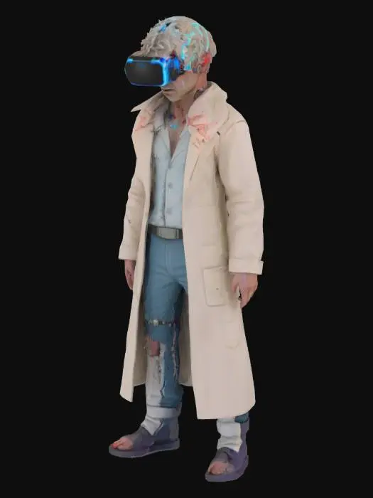 3D model for mad scientist with a gaunt, pale complexion and wild, unkempt hair. His eyes are intense, reflecting a mix of genius and insanity. He wears a futuristic VR headset adorned with glowing LED lights in vibrant colors like neon blue and red, with wires and circuits visible. His clothing is tattered and mismatched, consisting of a torn lab coat with frayed edges, ripped pants, and a stained shirt, hinting at his chaotic lifestyle.