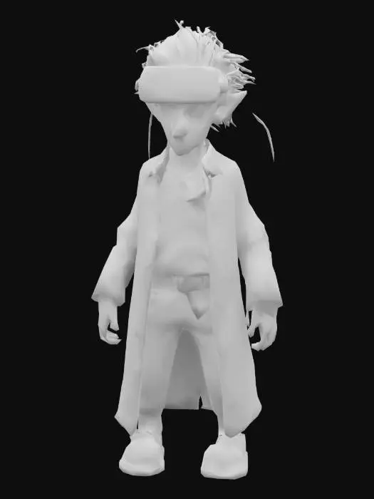 3D model for mad scientist with a gaunt, pale complexion and wild, unkempt hair. His eyes are intense, reflecting a mix of genius and insanity. He wears a futuristic VR headset adorned with glowing LED lights in vibrant colors like neon blue and red, with wires and circuits visible. His clothing is tattered and mismatched, consisting of a torn lab coat with frayed edges, ripped pants, and a stained shirt, hinting at his chaotic lifestyle.