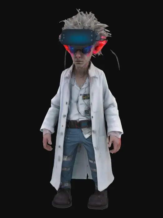 3D model for mad scientist with a gaunt, pale complexion and wild, unkempt hair. His eyes are intense, reflecting a mix of genius and insanity. He wears a futuristic VR headset adorned with glowing LED lights in vibrant colors like neon blue and red, with wires and circuits visible. His clothing is tattered and mismatched, consisting of a torn lab coat with frayed edges, ripped pants, and a stained shirt, hinting at his chaotic lifestyle.