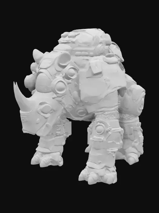 3D model for a massive Behemoth of Shock, resembling a rhinoceros with organic armored plates fused with glowing electrical generators. Its body crackles with constant electric arcs, and its horns are metallic conductors emitting concentrated lightning bolts. The creature has a bulky, intimidating stance with sparks flying around it. High quality texture. High quality geometry