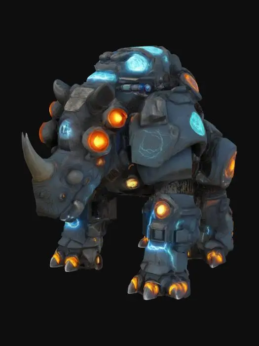 3D model for a massive Behemoth of Shock, resembling a rhinoceros with organic armored plates fused with glowing electrical generators. Its body crackles with constant electric arcs, and its horns are metallic conductors emitting concentrated lightning bolts. The creature has a bulky, intimidating stance with sparks flying around it. High quality texture. High quality geometry