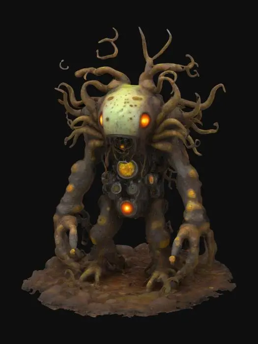 3D model for Technophagic Fungoid, a grotesque fungal monster with a body blending organic spores and rusted, assimilated machinery. Its form is amorphous, with tendrils of glowing filaments spreading outward to corrupt technology. The creature emits clouds of corrosive spores and has a pulsating core of infected circuits