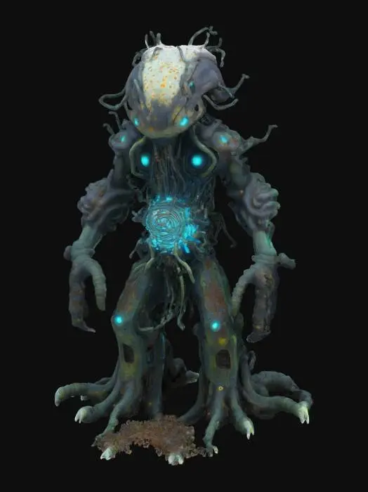 3D model for Technophagic Fungoid, a grotesque fungal monster with a body blending organic spores and rusted, assimilated machinery. Its form is amorphous, with tendrils of glowing filaments spreading outward to corrupt technology. The creature emits clouds of corrosive spores and has a pulsating core of infected circuits