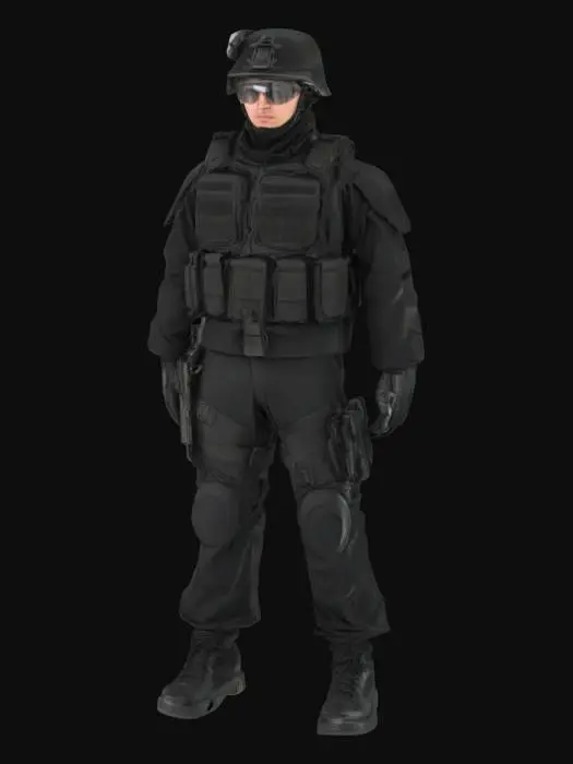 3D model for SWAT soldier, standing in A-pose. Tatical equipment. HDR.