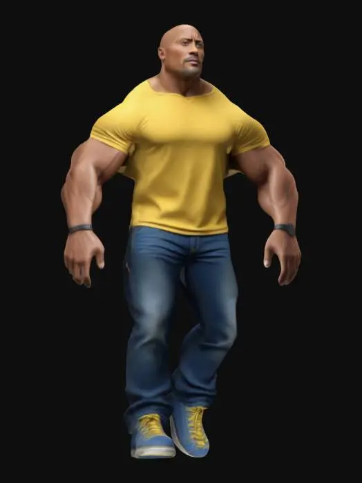 3D model for #realistic# Dwayne Johnson, Yellow T-Shirt, black denim pants, Blue Low-top Sneaker, Highly Detailed, Ultra Realistic, Full Body, A-pose