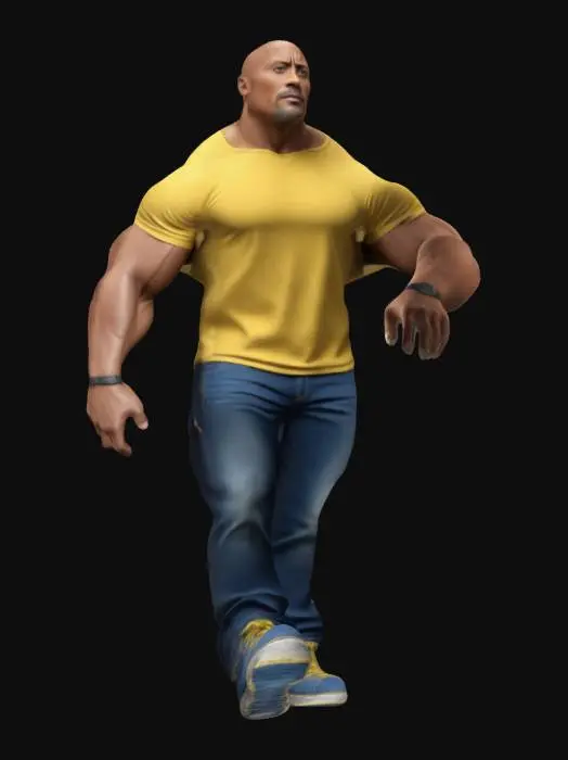3D model for #realistic# Dwayne Johnson, Yellow T-Shirt, black denim pants, Blue Low-top Sneaker, Highly Detailed, Ultra Realistic, Full Body, A-pose