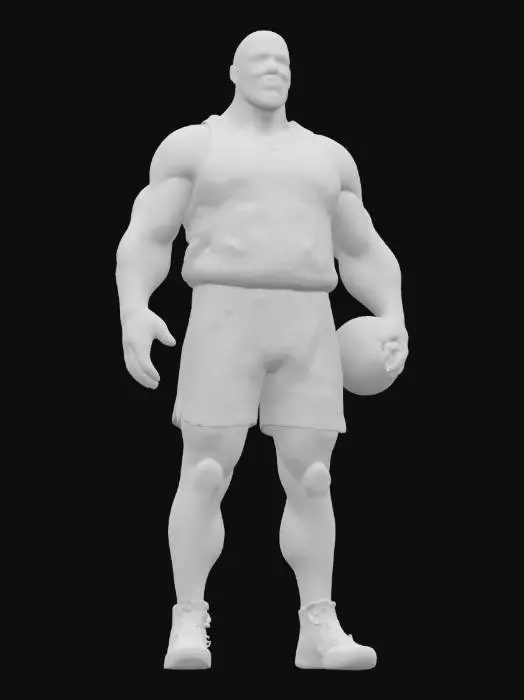 3D model for Create a highly realistic and photorealistic 3D model of Shaquille O'Neal, the NBA legend, in his prime with the Los Angeles Lakers (late 90s / early 2000s). He should be depicted as extremely tall, massive, with a powerful athletic build. His face should be bald with his characteristic features and a friendly smile. He is wearing the purple and gold Los Angeles Lakers uniform with the number 34, including socks and large detailed basketball shoes. Holding the basketball with his large hand. The textures of the uniform, skin, and shoes should be highly realistic, and the lighting should be dramatic to highlight his physicality