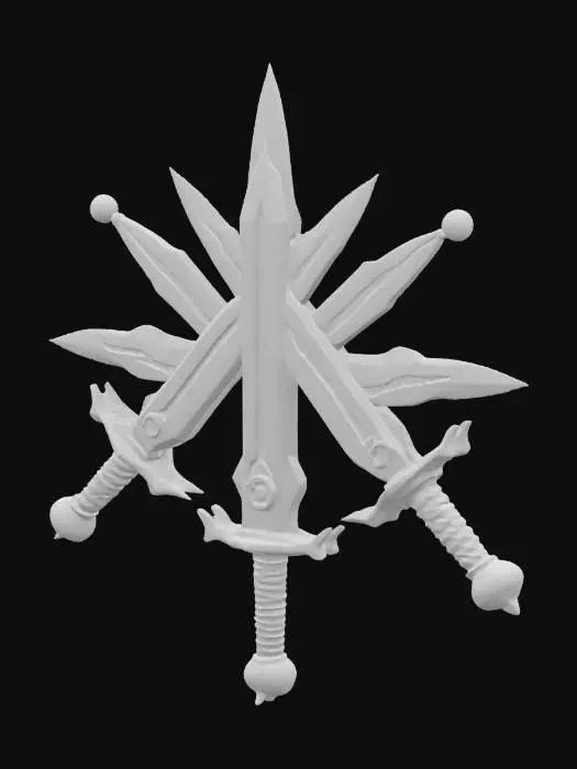 3D model for 3D #emblem# for a guild of thieves. It contains three daggers pointing to the middle point, representing the three leaders. Metallic sharp forged. Realistic texture. Plain 3D emblem. Forged by a professional. Hard surface. Hard edges. Professional texture. Realistic. High definition texture. High quality emblem. Game asset. Hard light. Medieval.