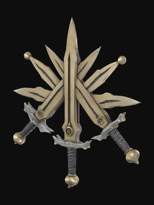 3D model for 3D #emblem# for a guild of thieves. It contains three daggers pointing to the middle point, representing the three leaders. Metallic sharp forged. Realistic texture. Plain 3D emblem. Forged by a professional. Hard surface. Hard edges. Professional texture. Realistic. High definition texture. High quality emblem. Game asset. Hard light. Medieval.