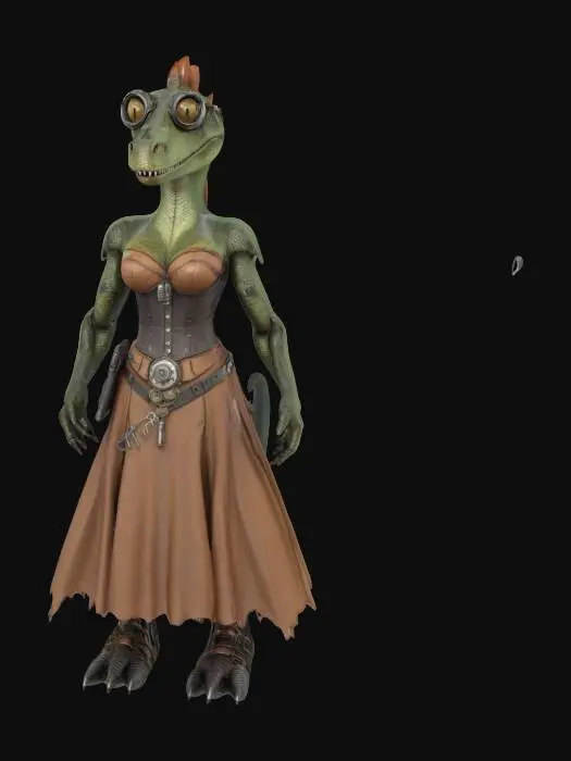 3D model for anthropomorphic, dinossaur woman, Steampunk, Game Assets, Highly Detailed, Full Body, Symmetrical Body, Standing in A-pose