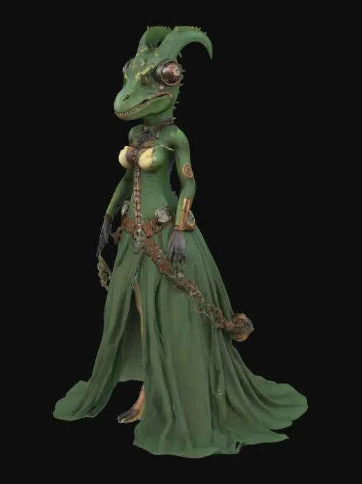 3D model for anthropomorphic, dinossaur woman, Steampunk, Game Assets, Highly Detailed, Full Body, Symmetrical Body, Standing in A-pose