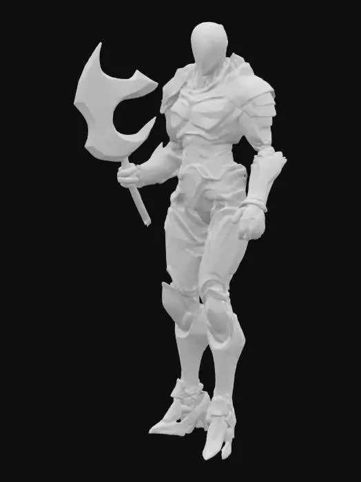 3D model for a cybernetic and futuristic executioner with his huge axe in his hands. The axe has a glowing red blade. Realistic and professional.