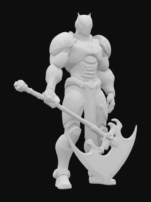 3D model for a cybernetic and futuristic executioner with his huge axe in his hands. The axe has a glowing red blade. Realistic and professional.