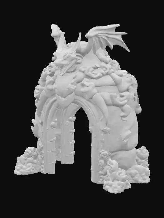 3D model for Imagine a #arch# with one dragon sculpted in it. The arch is made out of thunder material. Surreal. High definition. Professional. Hard surface.