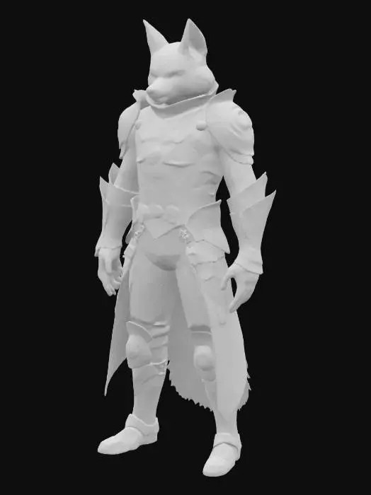 3D model for imagine an anthropomorphic  white fox Knight in cyberpunk style. Use metalic material mixed with leather material and Red Glowing ornaments. Muscular. High defined texture. High quality surface. Hard surface. Professional. Masterpiece. Detailed. Game character